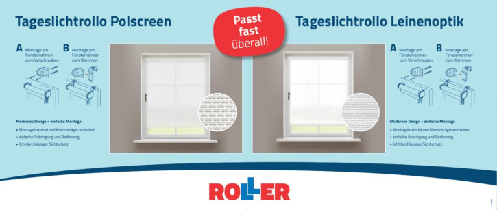 Vermarktung Gitterbox "Tageslichtrollo Polscreen / Tageslichtrollo Leinenoptik"